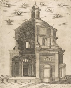 Sección exterior e interior de un templo en Roma dedicado a Neptuno, 1541 de Giulio Bonasone