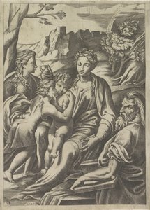 Sagrada Familia con el joven Juan Bautista y María Magdalena de Giulio Bonasone