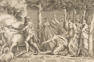 Hércules ahuyentando el ganado de Gerión, a la derecha están las ninfas de las Hespérides, ca. 1531-76 de Giulio Bonasone