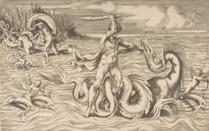Hércules luchando contra un dragón en el centro, Aqueloo llevándose a Deianira arriba a la izquierda, 1531-76 de Giulio Bonasone