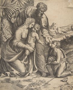 Sagrada Familia con San Juan Bautista arrodillado a la derecha de Giulio Bonasone