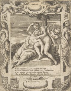 Ixión abrazando una nube, pensando que es Juno, Cupido a la derecha, dentro de un elaborado... de Giulio Bonasone