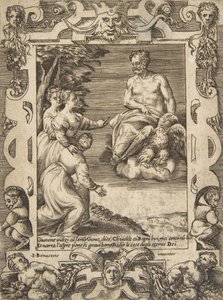 Juno a la izquierda pide a Júpiter que ayude a los griegos, dentro de un marco elaborado de Giulio Bonasone