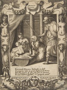 Juno persuadiendo a Atenea para amamantar al joven Hércules, dentro de un marco elaborado, de de Giulio Bonasone
