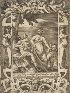 Júpiter a la izquierda en forma de pastor acompañado por Mnemósine, dentro de un elaborado marco, 1531-76 de Giulio Bonasone