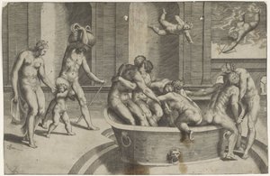 Hombres y mujeres en una gran bañera. de Giulio Bonasone