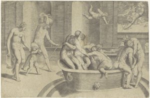 Hombres y mujeres en una gran bañera. de Giulio Bonasone
