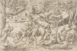 Marte y Rea Silvia: en el centro Marte sostiene un escudo y una espada, Rea Silvia duerme..., ca. 1531-76 de Giulio Bonasone