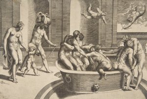 Hombres y mujeres bañándose, algunos abrazándose de Giulio Bonasone