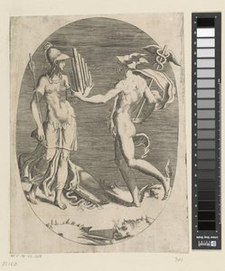 Mercury le da a Minerva una flauta de pan. de Giulio Bonasone