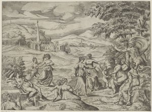Mercurio cuenta la historia de Pan y Syrinx de Giulio Bonasone