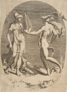 Mercurio presentando una flauta de pan a Minerva que está a la izquierda, una composición oval, 1531-76 de Giulio Bonasone