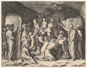 Moisés diciendo a los israelitas que recojan el maná y Moisés golpeando la roca de Giulio Bonasone