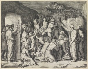 Moisés ordena a los israelitas que recojan el maná y Moisés saca agua de la roca de Giulio Bonasone