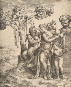 Pan a la Izquierda Sentado Junto a una Ninfa de Pie, a la Derecha Cupido Sosteniendo Platillos de Giulio Bonasone