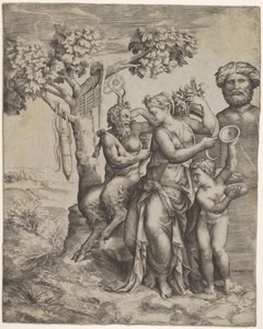 Pan sentado cerca de una figura femenina sosteniendo una cornucopia, una ninfa o Pomona, a la derecha, ca. 1550-60