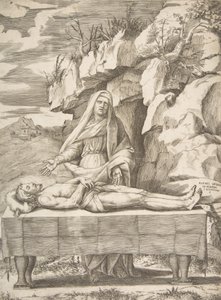 Piedad, Cristo extendido sobre una mesa en un paisaje, la Virgen de pie detrás con los brazos ..., 1531-76 de Giulio Bonasone