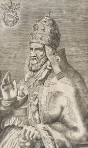 Retrato del Papa Marcelo II, mano derecha levantada mirando a la izquierda de Giulio Bonasone