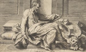 San Marcos escribiendo su Evangelio, un león alado a la derecha de Giulio Bonasone