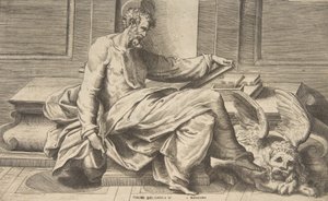 San Marcos escribiendo su evangelio, león alado a la derecha, 1531-76 de Giulio Bonasone
