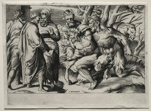 Silenus y el rey Midas, mediados del siglo XVI de Giulio Bonasone