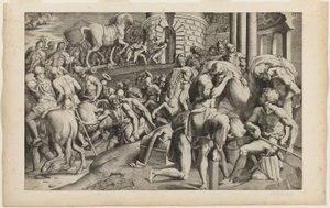 El caballo de Troya siendo arrastrado a la ciudad de Troya de Giulio Bonasone