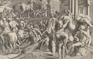 Los Troyanos Arrastrando el Caballo de Madera a Troya, 1545 de Giulio Bonasone
