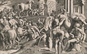 Los troyanos arrastrando el caballo de madera a la ciudad, 1545 de Giulio Bonasone