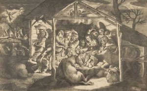 La adoración de los pastores, varias figuras rodeando al Niño Jesús, 1531-76 de Giulio Bonasone