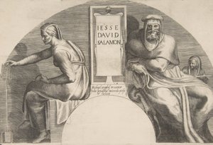 Los antepasados de Cristo flanqueando una tabla inscrita, una composición de arco superior, 1531-76 de Giulio Bonasone