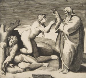 La creación de Eva que emerge detrás de Adán, ca. 1530-70 de Giulio Bonasone