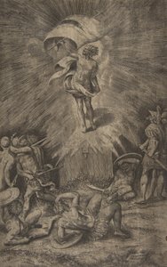 La resurrección de Cristo, sosteniendo un estandarte en su mano derecha, soldados rodeando la tumba de Giulio Bonasone