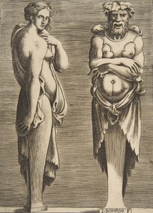 Dos términos, una ninfa a la izquierda Silvano a la derecha, ca. 1530-50 de Giulio Bonasone