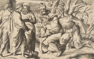 Dos sátiros trayendo a Sileno, el rey Midas de pie a la izquierda, 1531-76 de Giulio Bonasone