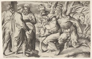 Dos sátiros llevando a Sileno al rey Midas, quien está a la izquierda con dos asistentes masculinos de Giulio Bonasone