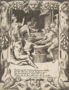 Vulcano, Neptuno, Atenea y otros dioses haciendo grilletes para tirar de Júpiter desde los cielos de Giulio Bonasone
