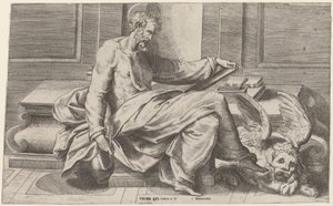 San Marcos escribiendo sus evangelios de Giulio Bonasone after Perino del Vaga
