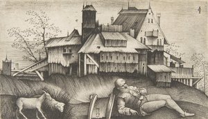 El viejo pastor acostado en un paisaje, edificios detrás, una cabra y una oveja, ca. 1500-1515