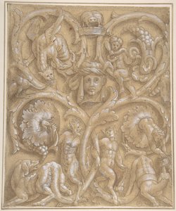 Diseño para un panel ornamental con rinceaux, sátiros, putti, monstruos y una cabeza humana, 1535-45 de Giulio Campi.