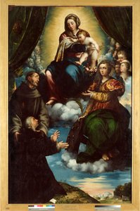 La Virgen y el Niño, Santa Catalina de Alejandría, San Francisco y Pietro Martire Stampa de Giulio Campi