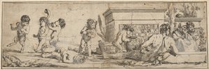 Bacanalia con sátiros infantiles y putti a la izquierda, una figura masculina desnuda reclinada al frente, 1633-78 de Giulio Carpioni