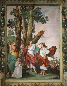 Ninfa Amarilis coronada ganadora del concurso de besos, fresco inspirado en la obra pastoral El Pastor Fiel, de Giovanni Battista Guarini, Villa Caldogno (Lista del Patrimonio Mundial de la UNESCO) de Giulio Carpioni