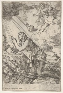 Magdalena penitente arrodillada en un suelo rocoso ante un cráneo y huesos, un ungüento..., ca. 1640-55 de Giulio Carpioni