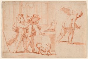 Dos Putti llevando un tercer Putto; Otro putto desde atrás de Giulio Carpioni