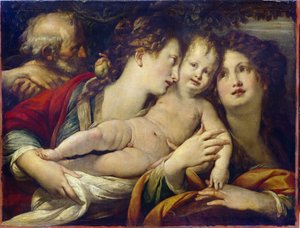 Las bodas místicas de santa Catalina (c. 290-307) (Las bodas místicas de santa Catalina). La Virgen María presenta al niño Jesús a Santa Catalina de Alejandría, quien recibe el anillo de bodas en su dedo. Pintura de Giulio Cesare Procaccini (1574-1625), h