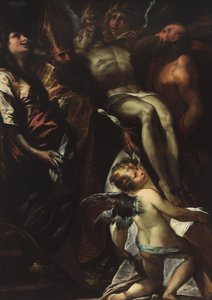 El Descendimiento de la Cruz con los Santos María Magdalena, Agustín, Jerónimo y los Ángeles de Giulio Cesare Procaccini