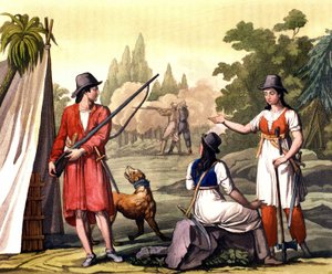 Bucaneros y mujeres flibutantes: el pirata Jack Rackham dice el Rojo o John Rackham, más conocido como Calico Jack (? -1720) representado con Anne Bonny (Bonney) y Mary (Marc) Read en las Indias Occidentales. Lámina extraída de "The old and modern costume"