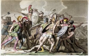 Lucha por el cadáver de Patroclo (Guerra de Troya) - en "Le Costume ancien et moderne" de Ferrario, ed. Milán