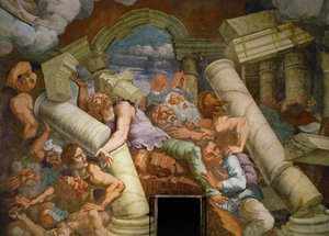 Gigantes que atacan son aplastados por edificios que se derrumban (fresco) de Giulio Romano