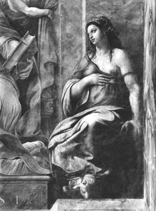 Clemencia, una de las dos Virtudes que rodean al Papa San Clemente I (1-97) Estancias de Rafael (detalle) de Giulio Romano